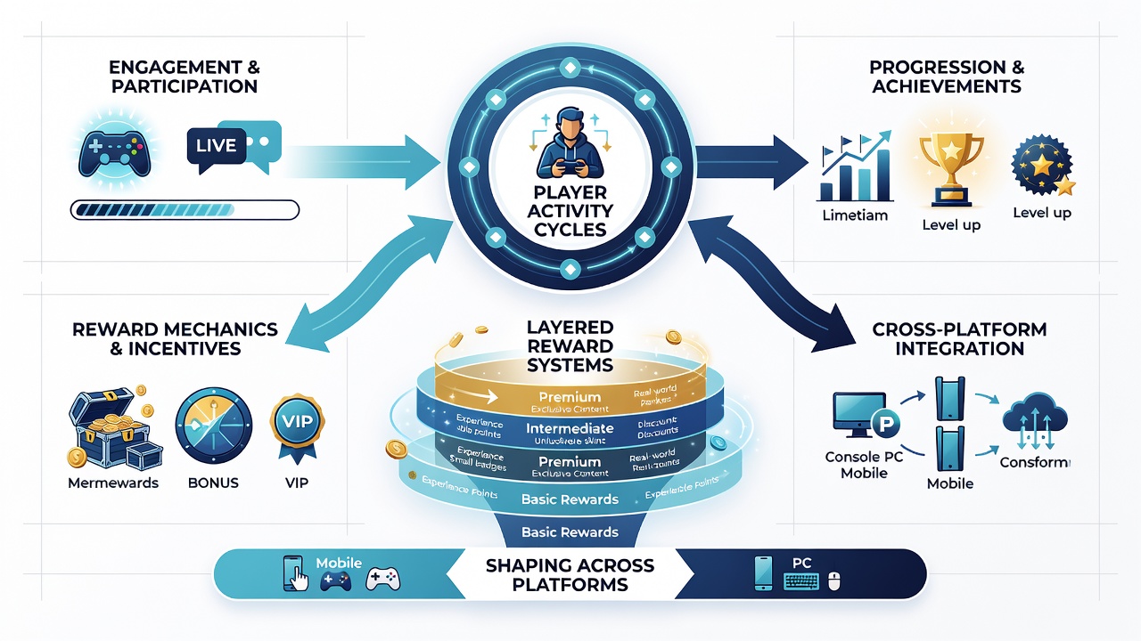 Darstellung von Belohnungsebenen und Aktivitätsmustern in globalen Gaming-Netzwerken mit Diagrammen und Zeitachsen