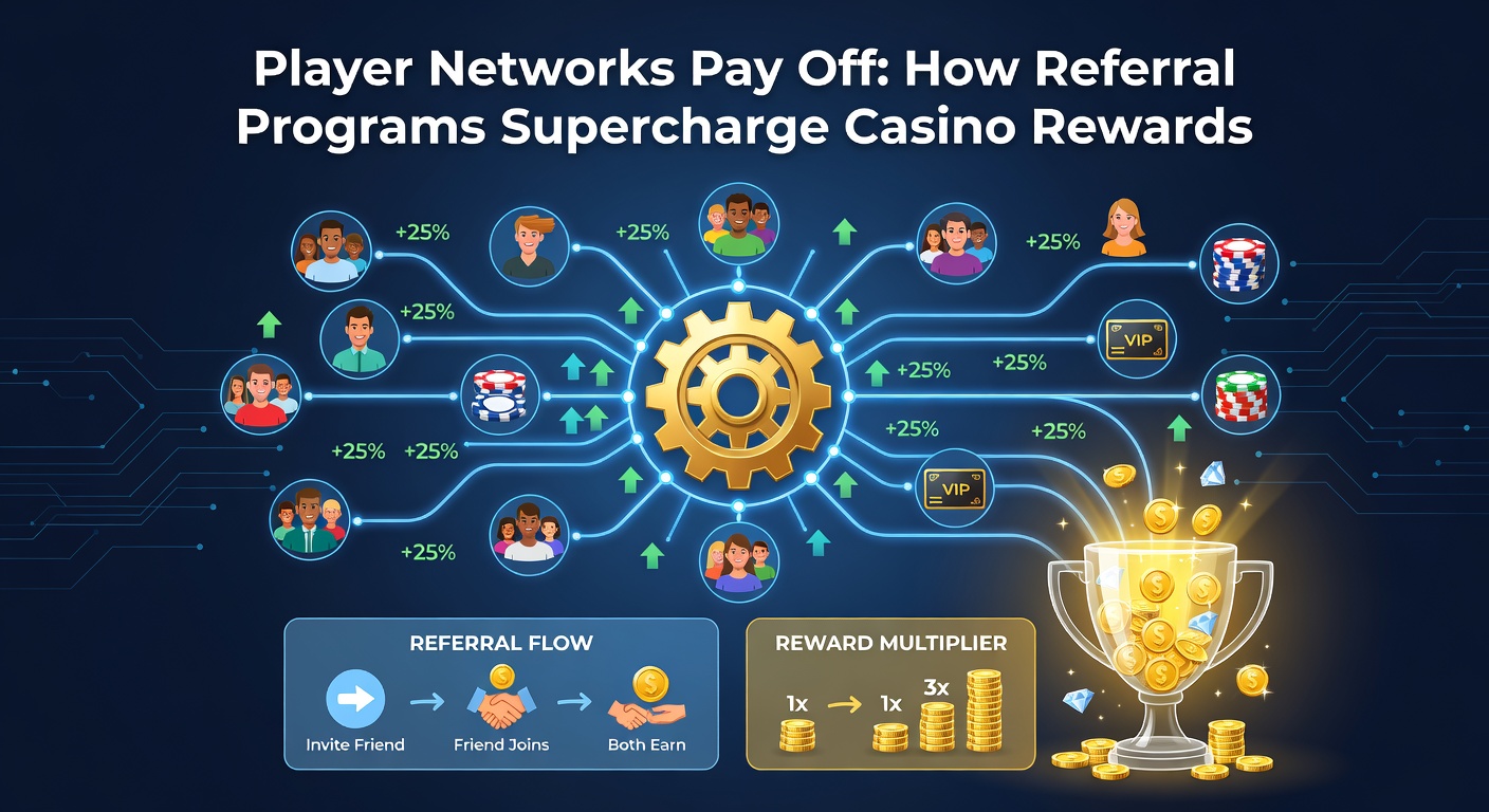 Detaillierte Grafik eines Referral-Netzwerks mit Verbindungen zwischen Spielern, Bonus-Icons und wachsenden Reward-Stapeln