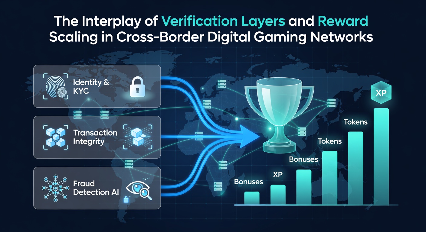 Illustration der Verifizierungsebenen in grenzüberschreitenden Gaming-Netzwerken mit Fokus auf Sicherheitsprotokolle und Belohnungsmechanismen