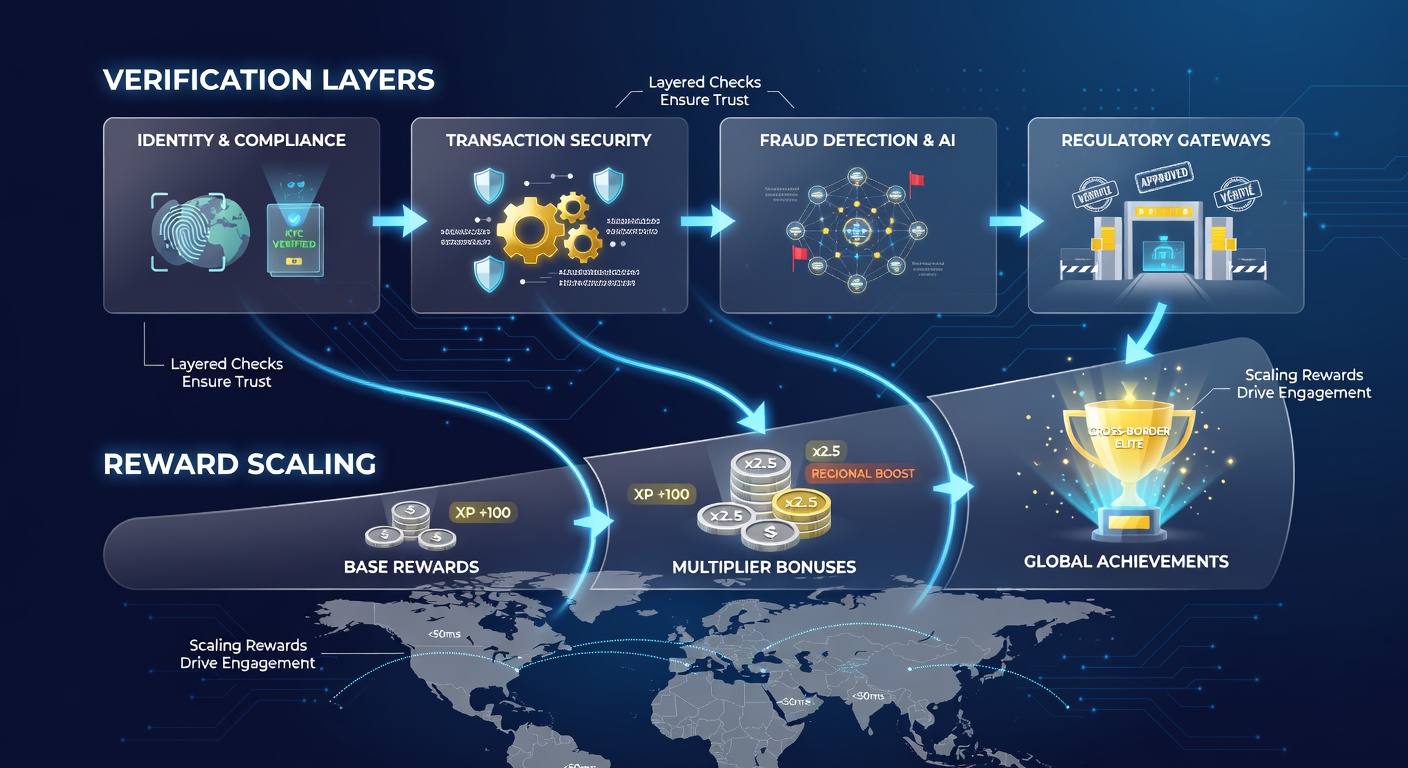 Darstellung der Belohnungsskalierung in digitalen Gaming-Netzwerken mit grafischen Elementen zu Verifizierungsstufen und internationalen Transaktionen