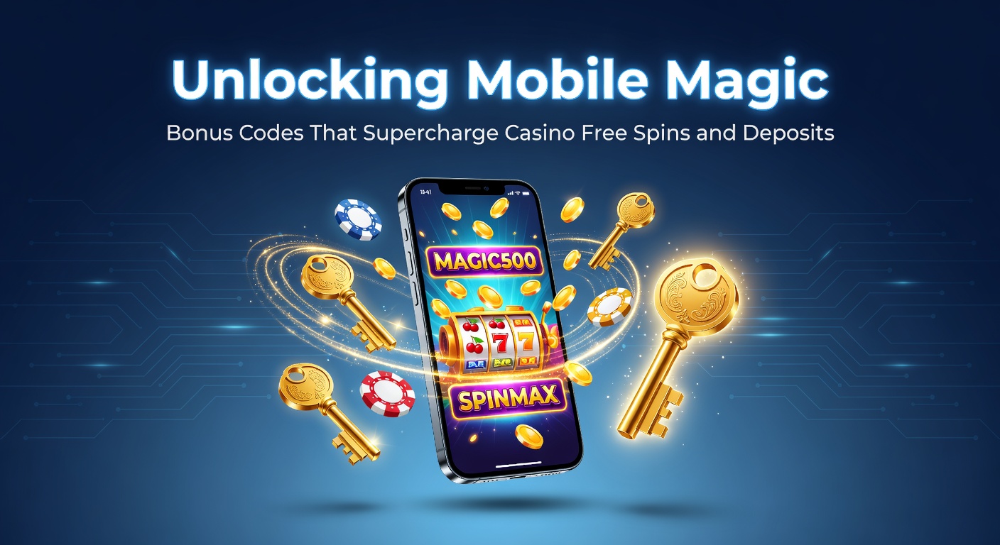 Smartphone mit leuchtenden Casino-Bonus-Codes und drehenden Slots im Vordergrund, symbolisiert mobile Gaming-Power